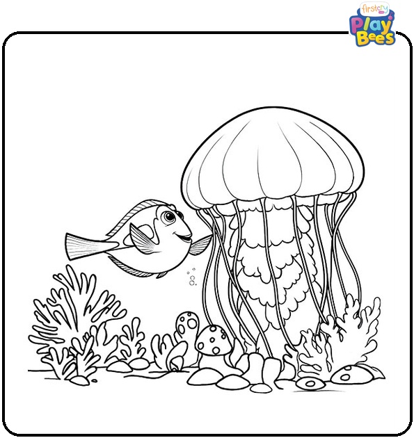 Dory Touching a Large Jelly Fish Coloring Page