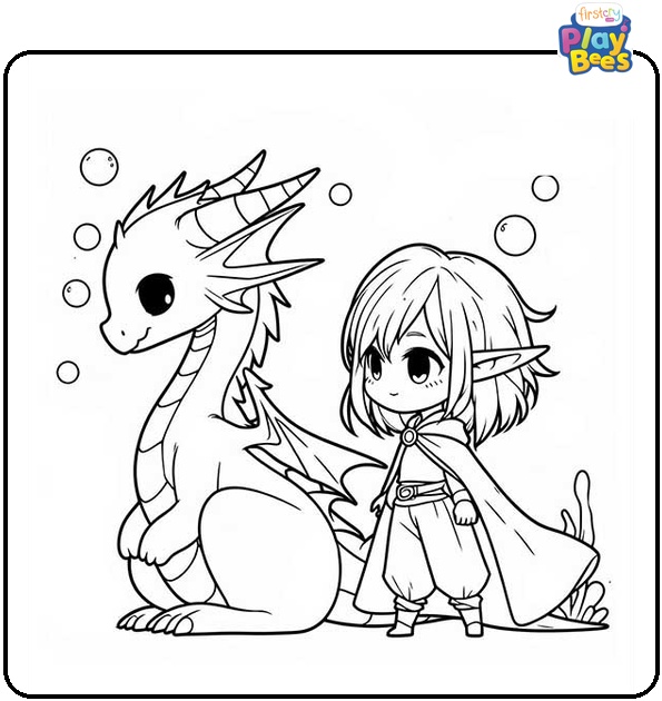 Elf and Dragon Colouring Page