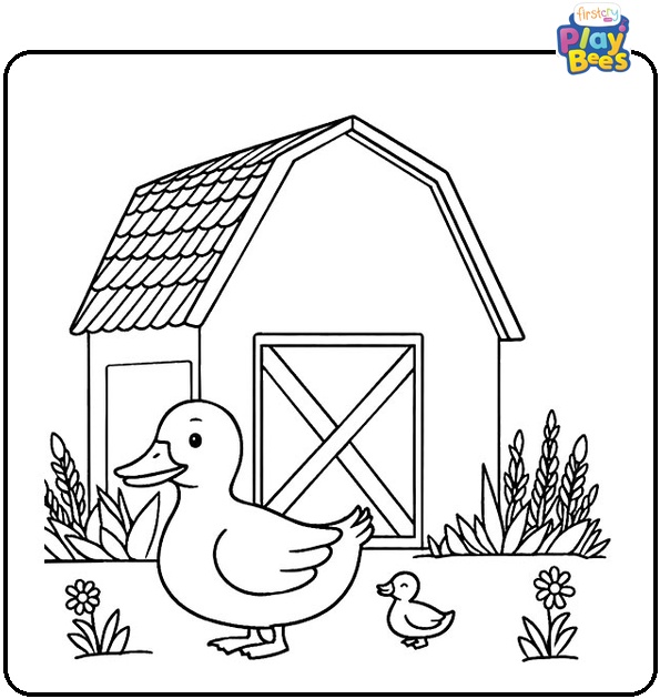 Duck & Barn Coloring Page