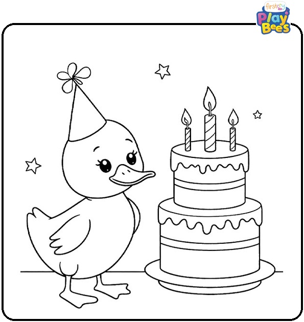 Duck with Birthday Cake Coloring Page