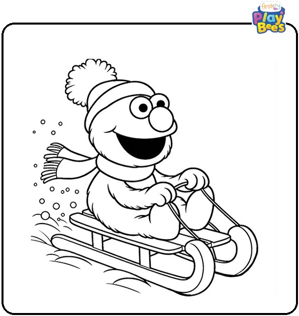 Elmo Riding a Sled During Winter Coloring Page