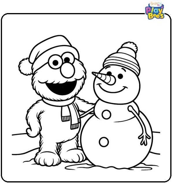 Elmo with Snowman Coloring Page