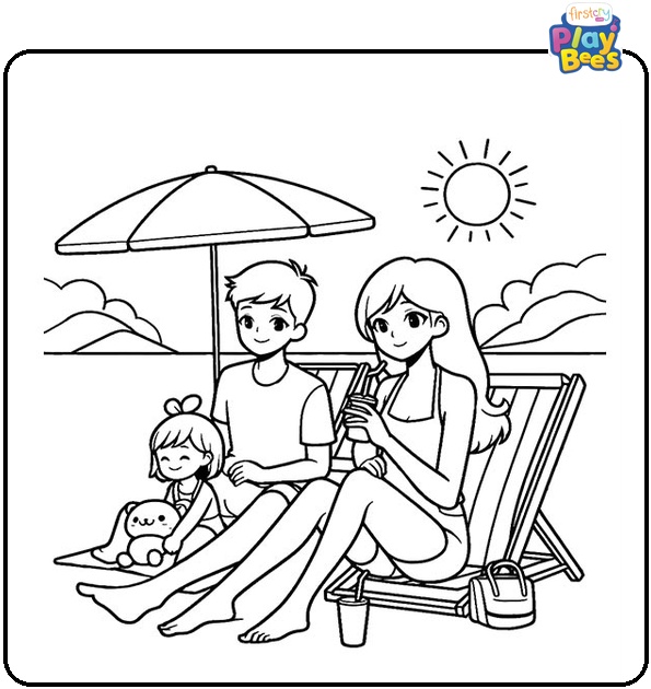 Family At The Beach Coloring Page