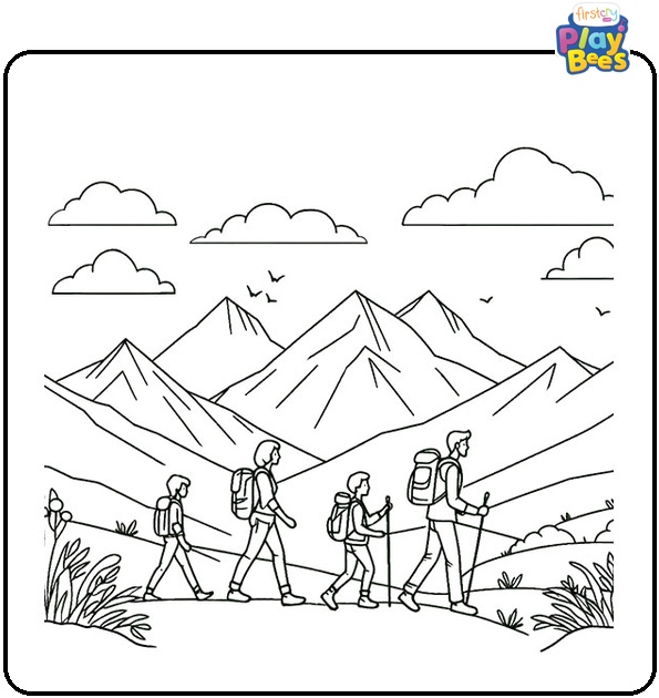 Family Hiking Coloring Page