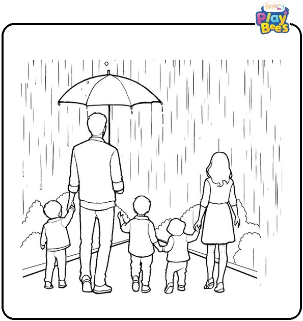 Family in the Rain Coloring Page