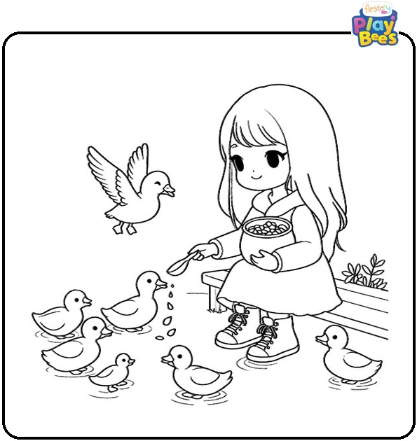 Girl Feeding the Ducks Coloring Page