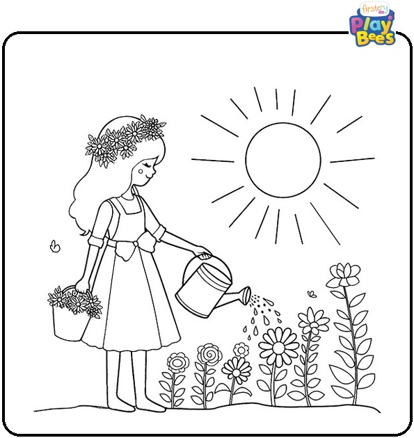 Girl Watering the Flowers in May Coloring Page