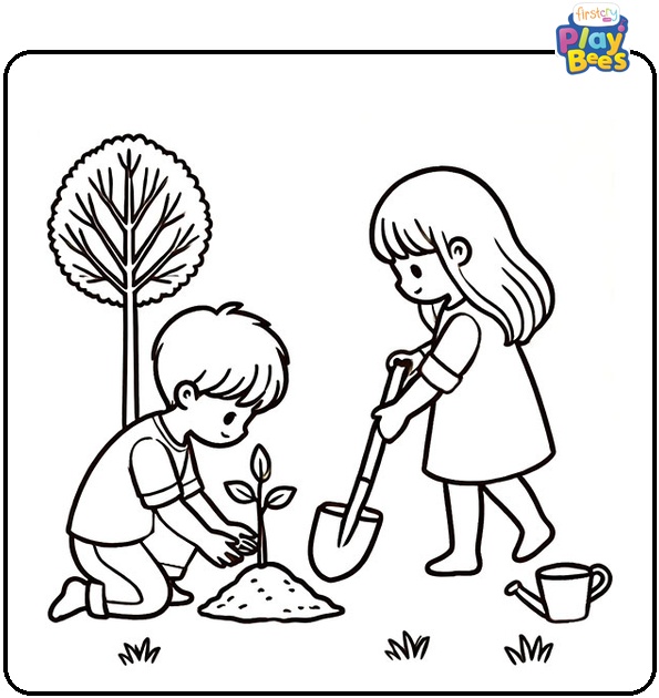 Girl and Boy Planting a Tree Coloring Page Girl and Boy Planting a Tree Coloring Page