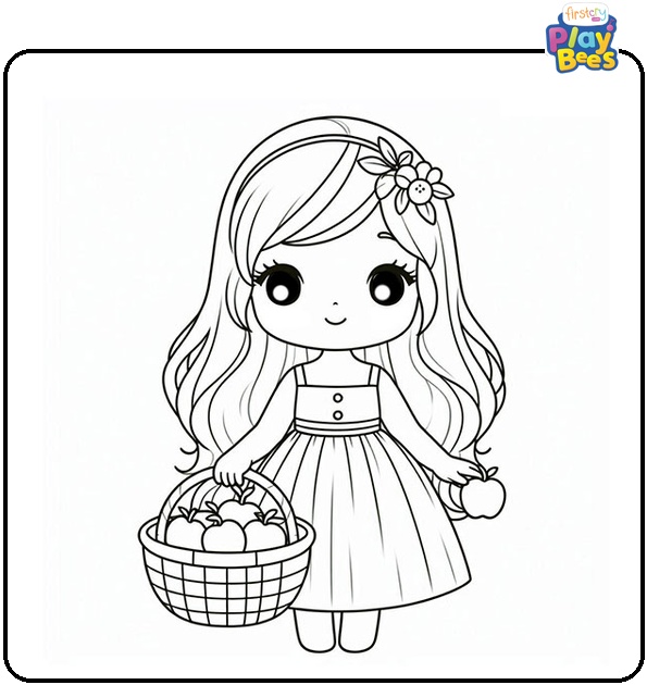 Girl with a Basket of Apple Coloring Page