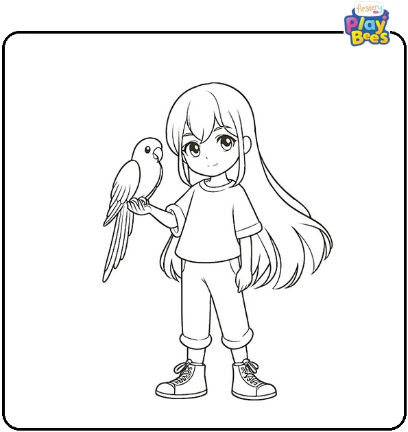 Girl with a Parrot Coloring Page Girl with a Parrot Coloring Page