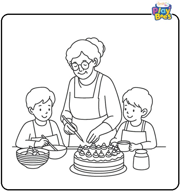 Grandmother and Children Making Cake Coloring Page