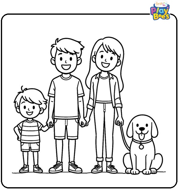 Happy Family and Pet Dog Coloring Page