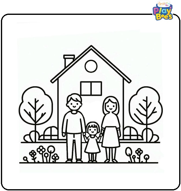 Happy Family near House Coloring Page