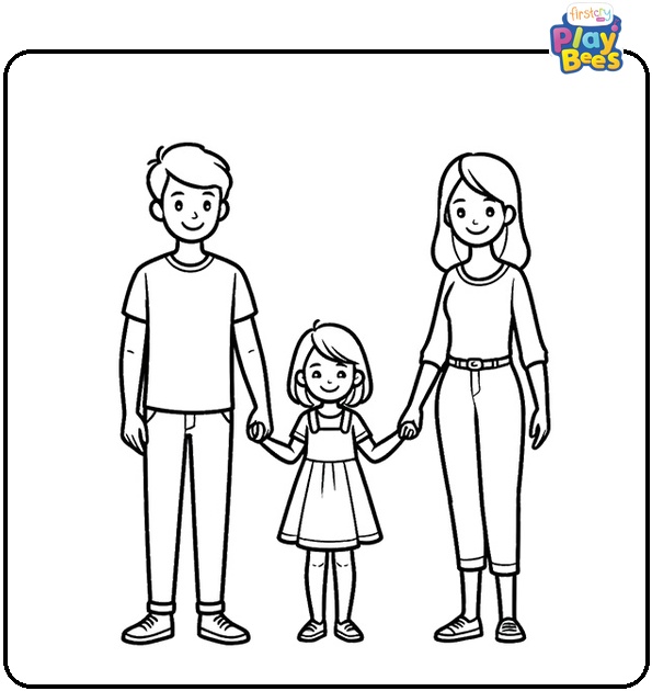 Happy Family of Three Coloring Page