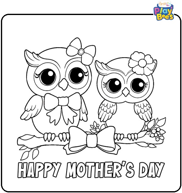 Happy Mother's Day with Two Owls Coloring Page