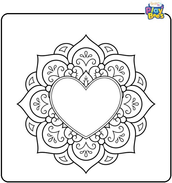 Heart Shaped Rangoli Coloring Page