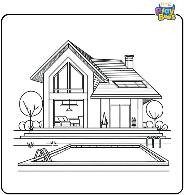 House With Pool Coloring Page