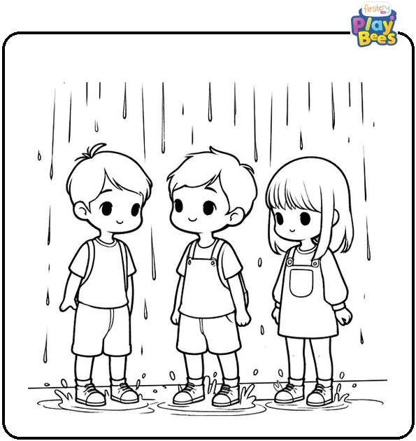 Kids in the Rain Coloring Page