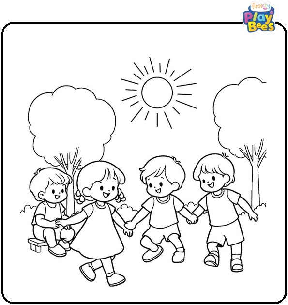 Kids Playing Outside in Sunny Weather May Coloring Page