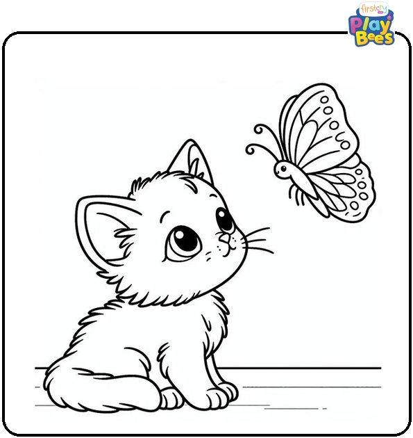 Kitten Watching Butterfly Colouring Page