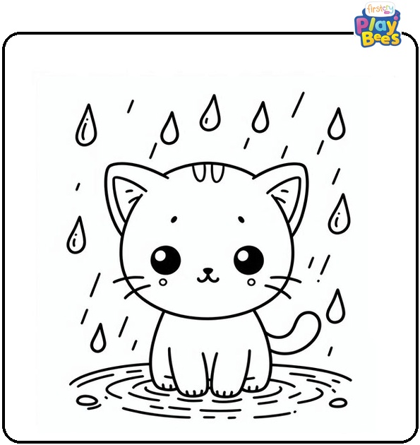 Kitten in Rain Colouring Page