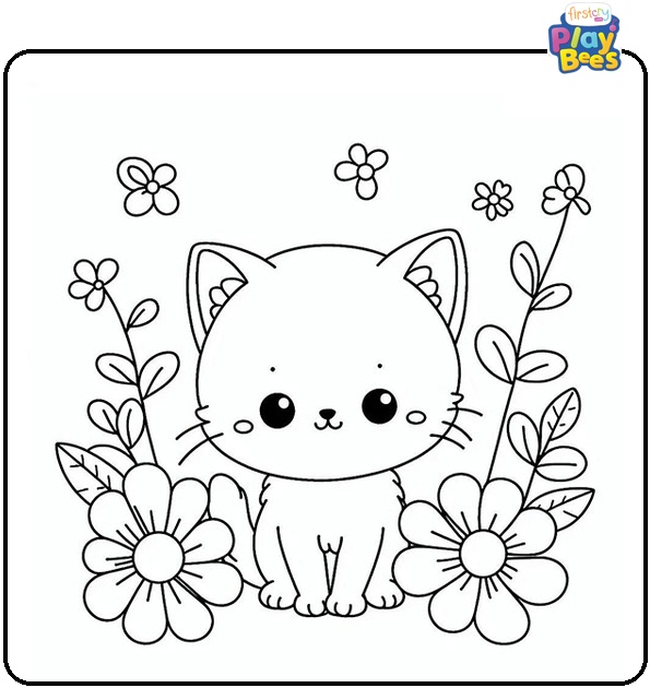 Kitten in the Flowers Colouring Page