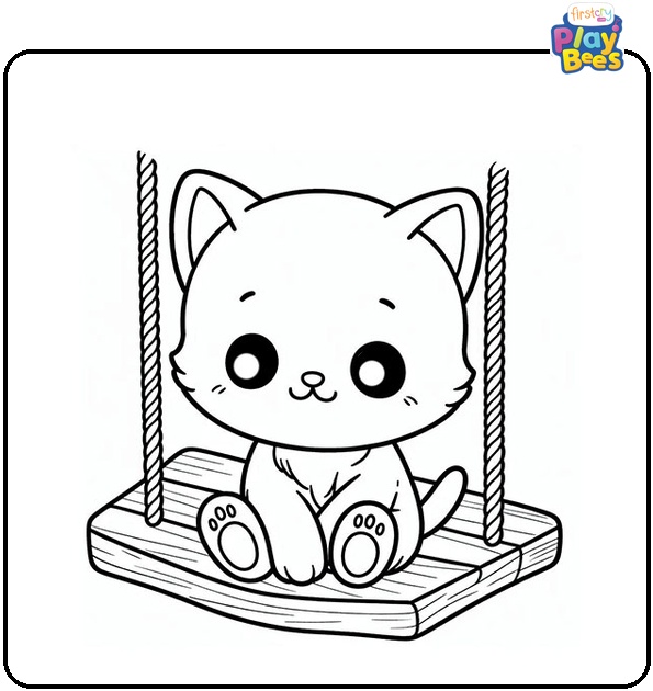 Kitten on Swing Colouring Page