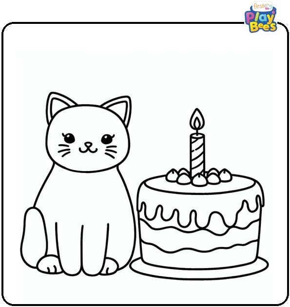 Kitten with Cake Colouring Page