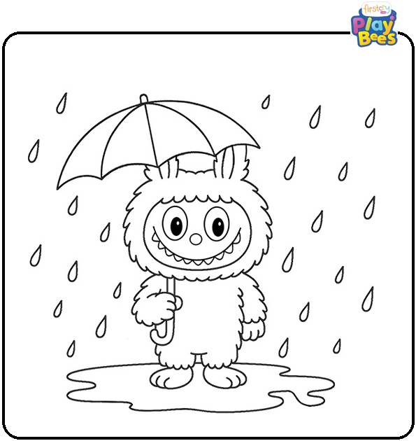 Labubu With an Umbrella in the Rain Coloring Page Labubu With an Umbrella in the Rain Coloring Page