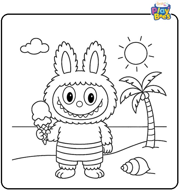 Labubu on Beach Coloring Page Labubu on Beach Coloring Page