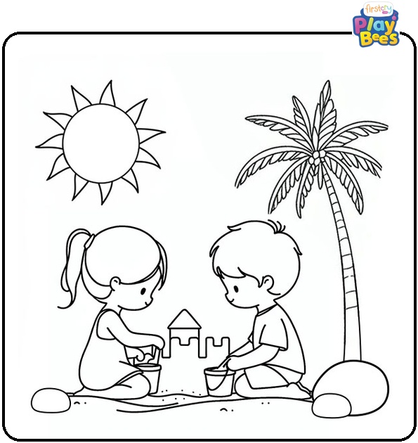 Little Boy And Girl Making Sand Castle Coloring Page