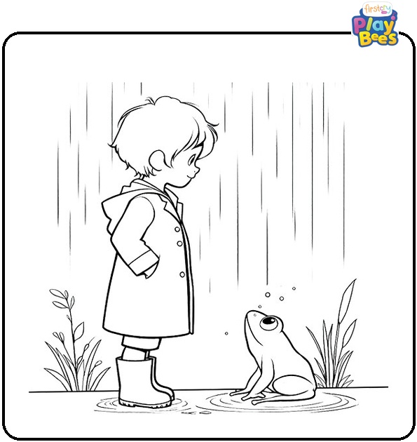 Little Boy Looking At Frog Under The Rain Coloring Page