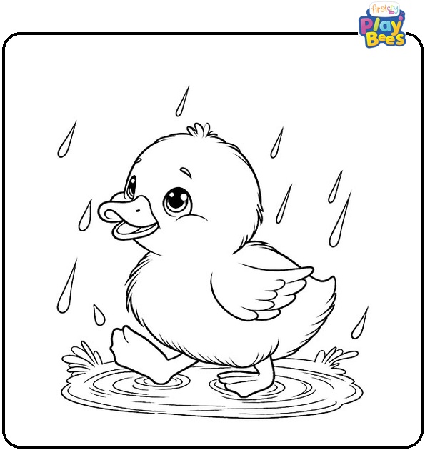 Little Duckling Playing in the Rain Coloring Page