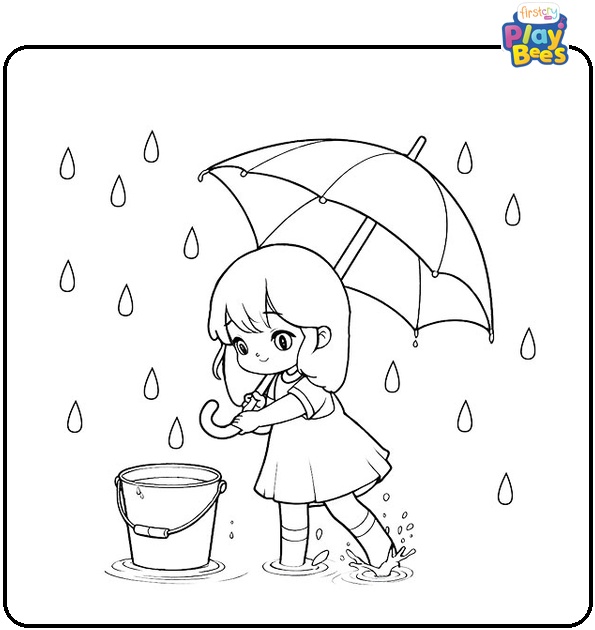 Little Girl Catching Rain in Bucket Coloring Page