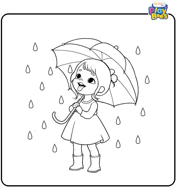 Little Girl Sticking Tongue Out To Catch Rain Coloring Page