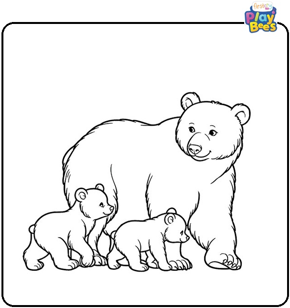 Mama Bear Walking With Her Two Cubs Coloring Page