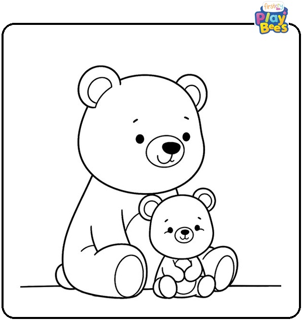 Mama Bear with Baby Bear Sitting in Front Coloring Page