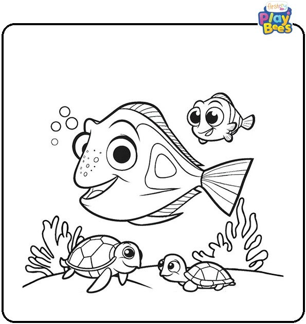 Marlin and Dory with Baby Turtles Coloring Page