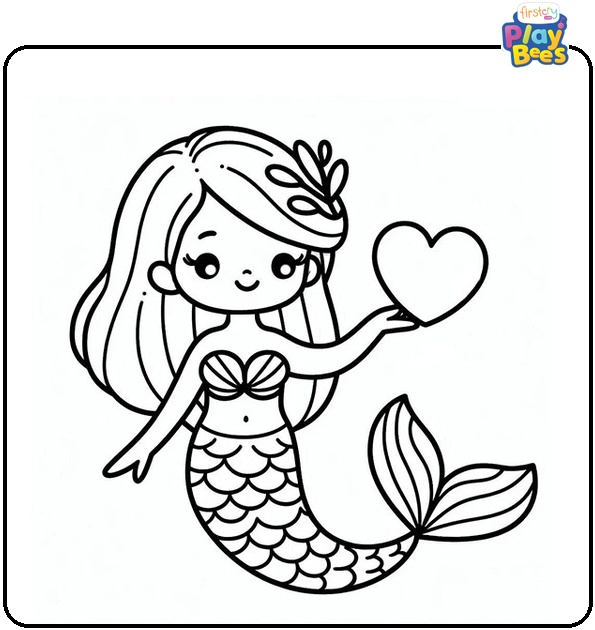 Mermaid Holding a Heart Colouring Page