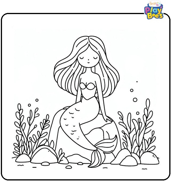Mermaid Sitting on A Rock Colouring Page