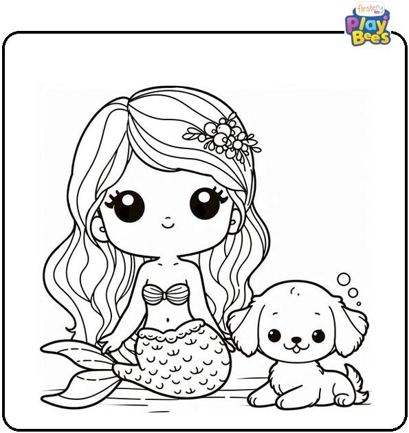 Mermaid and Puppy Colouring Page