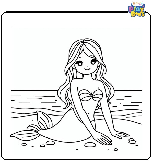 Mermaid on Beach Colouring Page