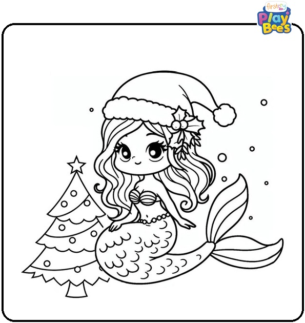 Mermaid on Christmas Colouring Page