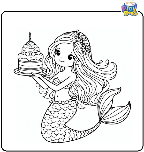 Mermaid with Cake Colouring Page
