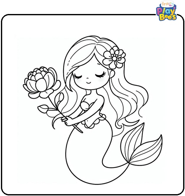 Mermaid with Flower Colouring Page