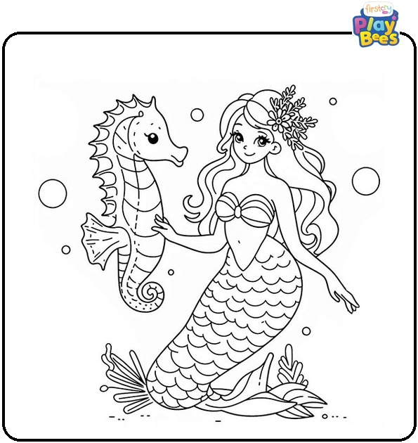 Mermaid with Seahorse Colouring Page