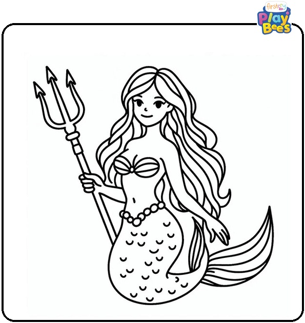 Mermaid with Trident Colouring Page