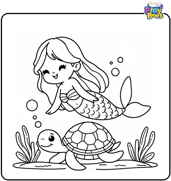 Mermaid with Turtle Colouring Page