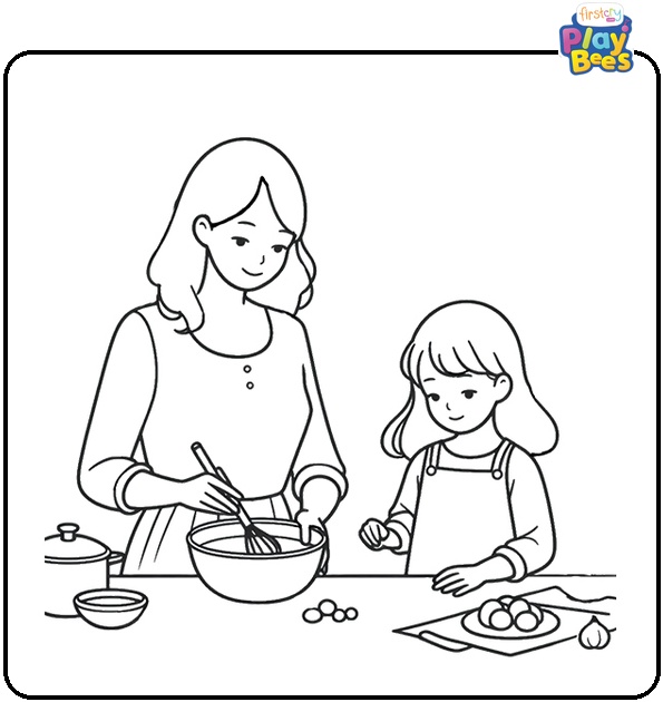 Mom and Daughter are Cooking Coloring Page
