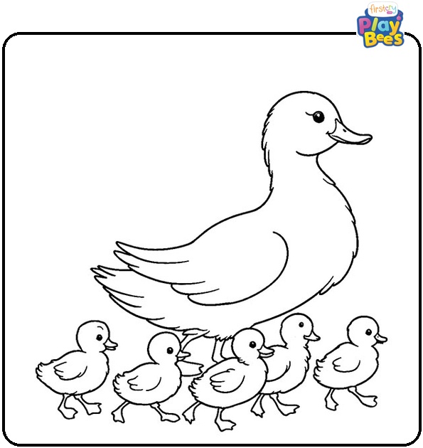 Mother Duck with Flock of Ducklings Coloring Page